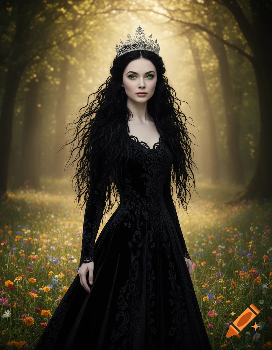 A green-eyed woman with long black hair, wearing a black dress and silver crown, stands in an enchanted forest filled with colorful wildflowers.