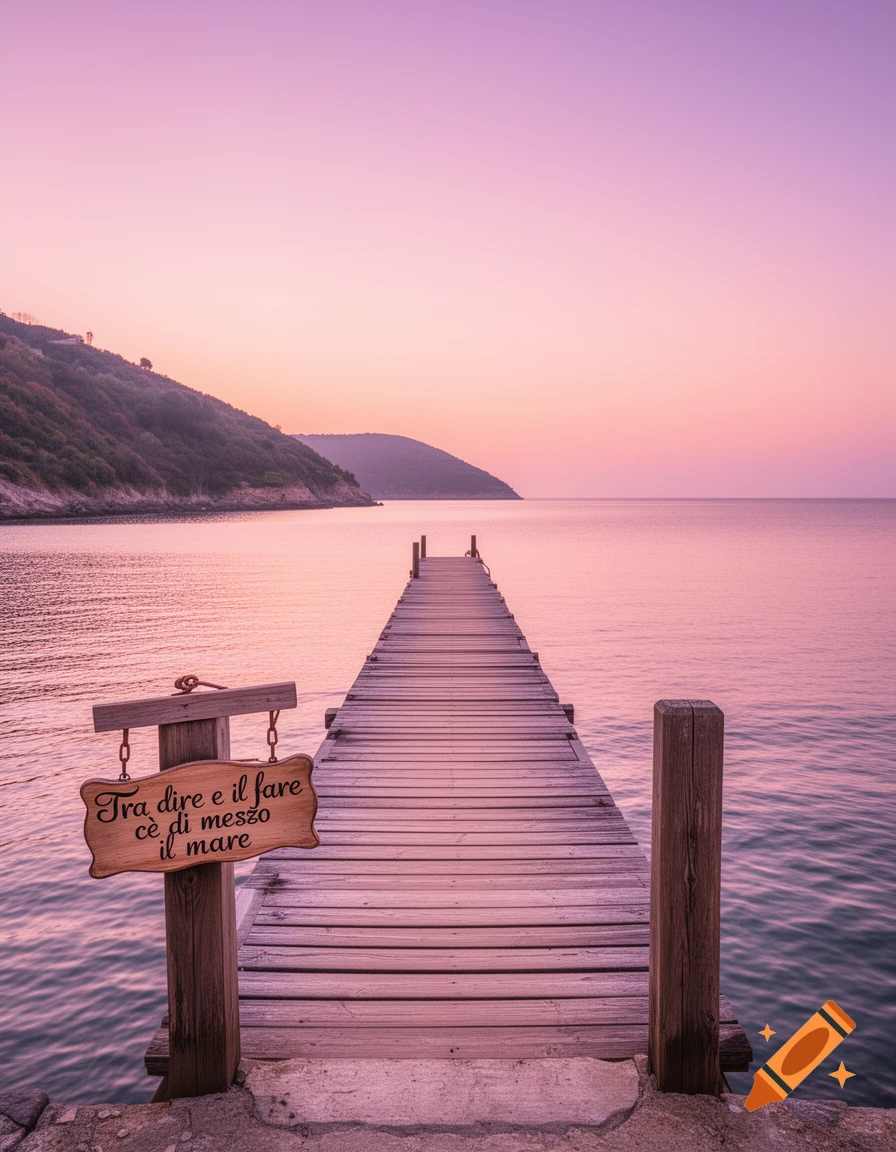 A wooden pier extends into a calm, pink and purple ocean at sunset, with a sign reading 'Tra dire e il fare c'\u00e8 di mezzo il mare'.