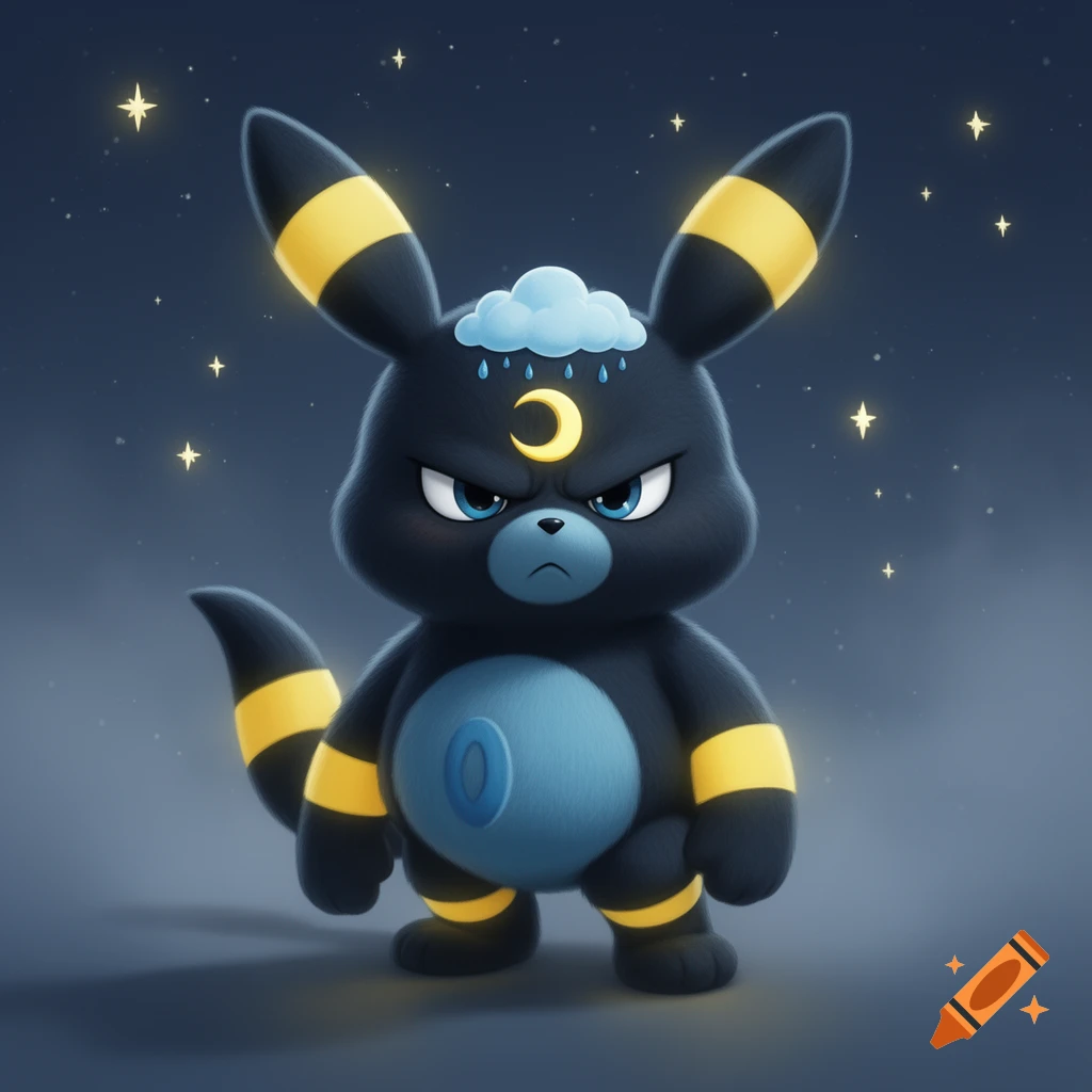 A grumpy black cartoon creature with yellow stripes, a cloud and crescent moon on its head, and a blue belly badge, standing under a starry night sky.