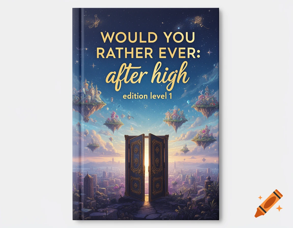 A fantasy book cover titled "Would You Rather Ever: After High Edition Level 1" with a cityscape, floating islands, and ornate doors under a starry sky.