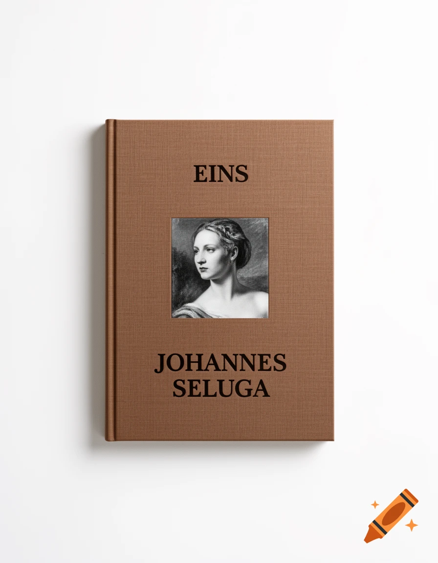 Brown linen book with 'EINS', a grayscale drawing of a woman, and 'JOHANNES SELUGA' on a white background.