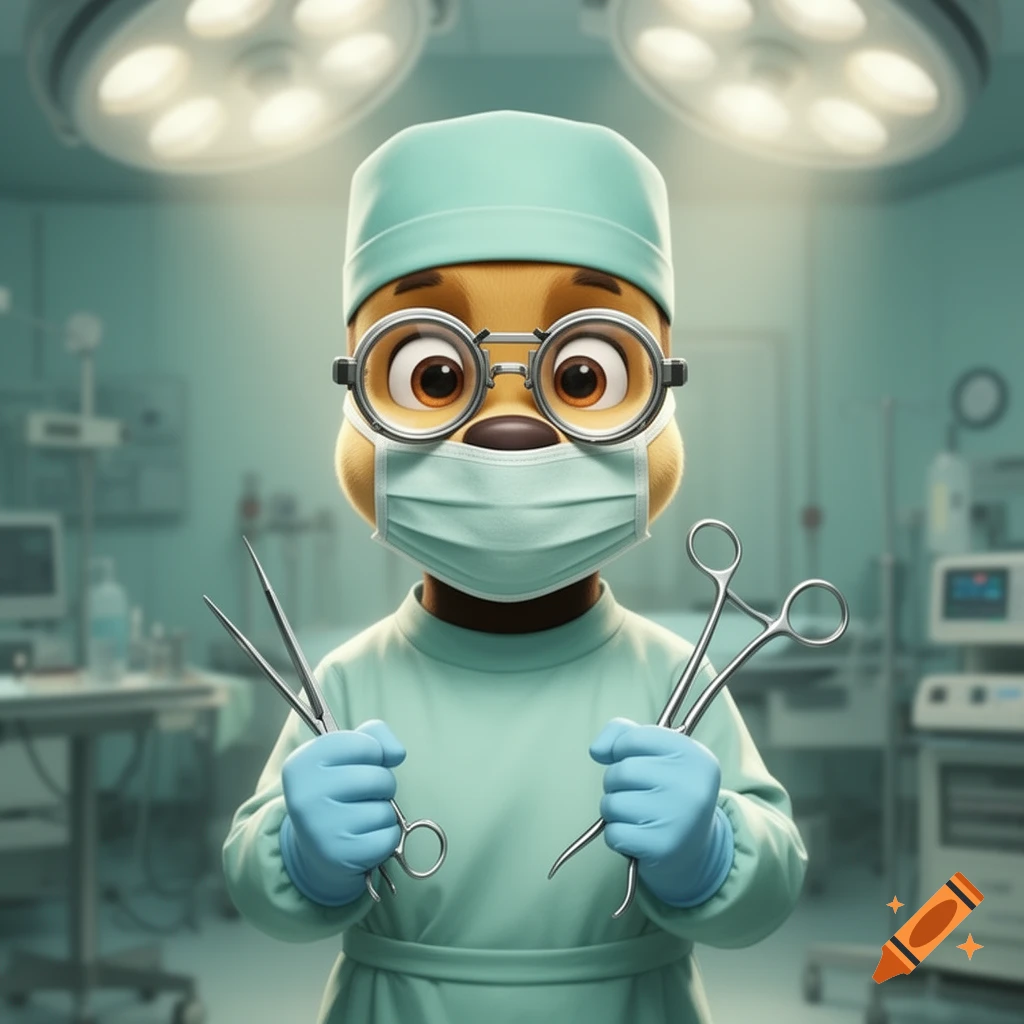 A cartoon dog character, resembling Chase from Paw Patrol, dressed as a surgeon with a cap, mask, and gown, holding surgical instruments in an operating room.