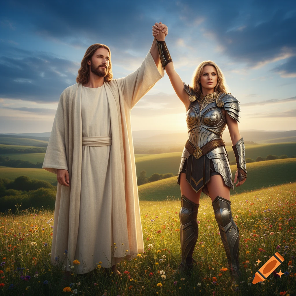 Jesus and a woman warrior in metal armor raise clasped hands in victory in a sunny, flower-filled field at sunset.
