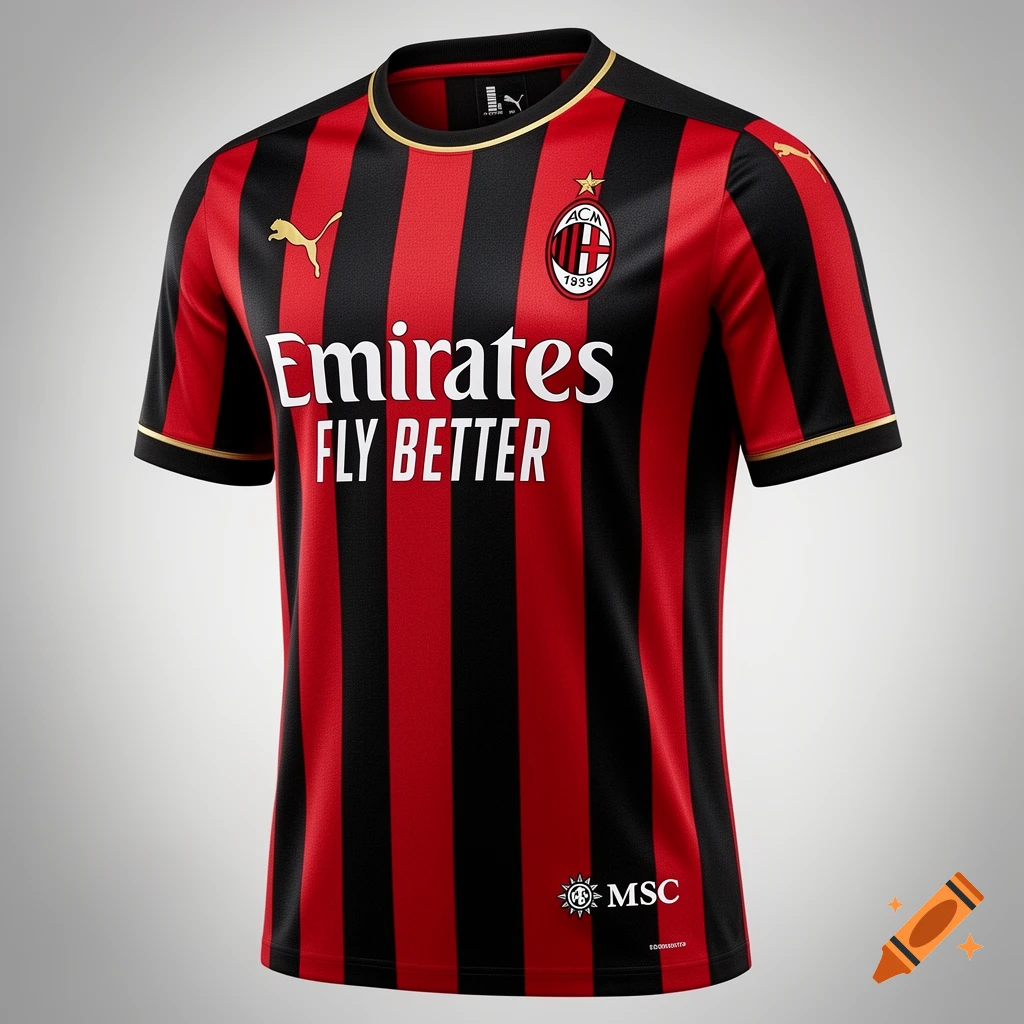 A red and black striped AC Milan football jersey with Puma, Emirates FLY BETTER, and MSC logos, featuring gold trim.