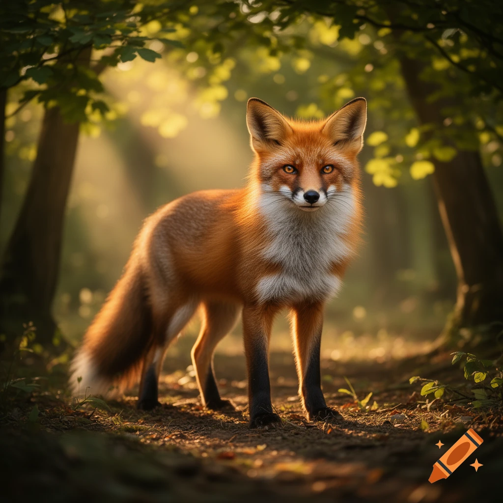 A photorealistic red fox with white chest fur and black legs stands in a dappled sunlight forest, looking forward.