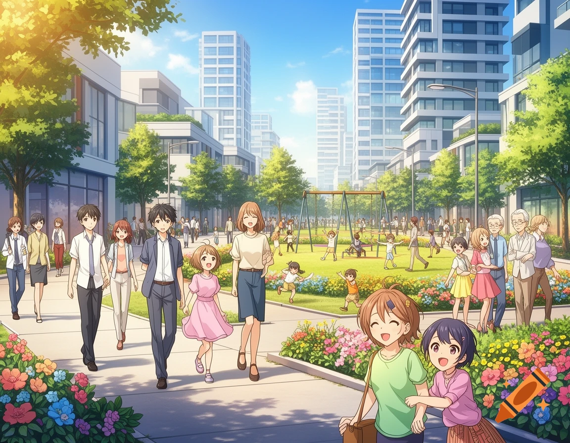 Anime scene of a sunny urban park where people walk and kids play amidst modern buildings and colorful flowers.