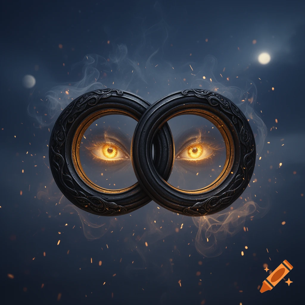 Two ornate black iron rings intertwined, each framing a glowing golden eye, against a smoky night sky with sparks.