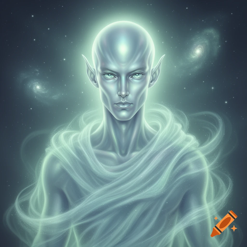 An ethereal alien with pointed ears and a glowing head, surrounded by swirling wisps of light against a starry space background.