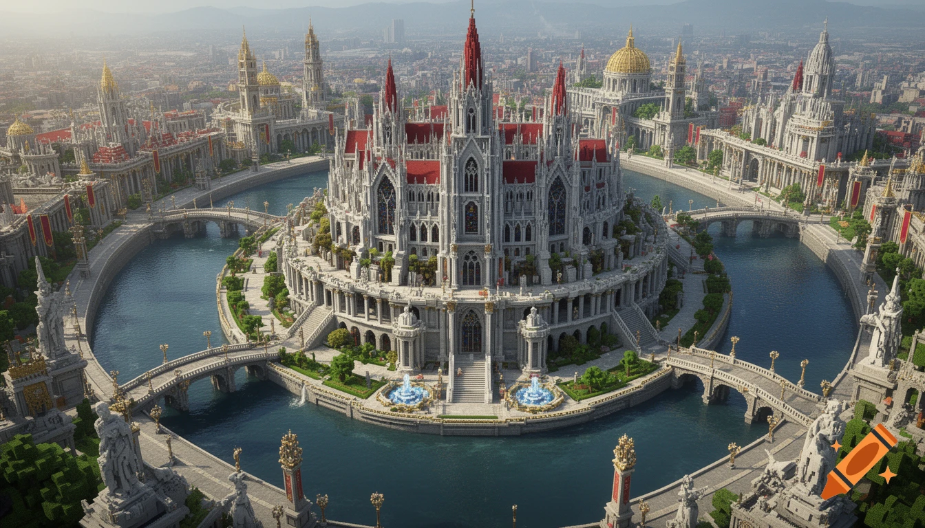 An aerial view of a grand, symmetrical Minecraft-style fantasy imperial city with a Gothic palace, surrounded by a circular canal.