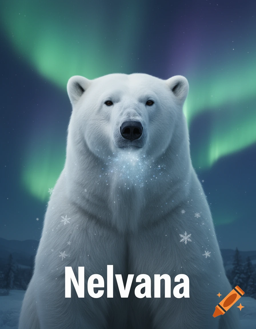 A majestic polar bear sits under a green and purple aurora borealis with glowing specks and snowflakes, and the word 'Nelvana' at the bottom.
