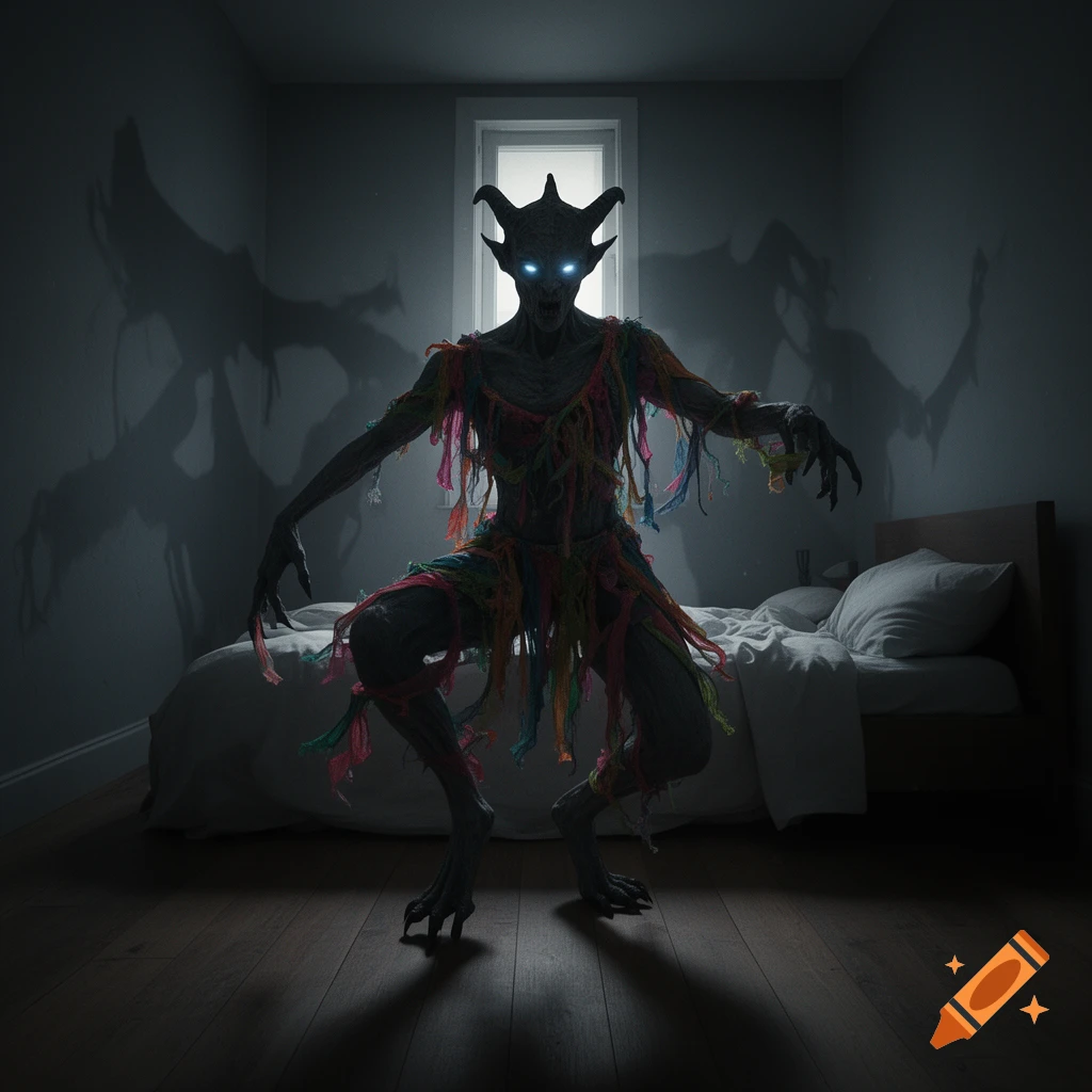 A tall, horned demon with glowing eyes and tattered colorful clothes stands in a dark bedroom, casting large shadows.