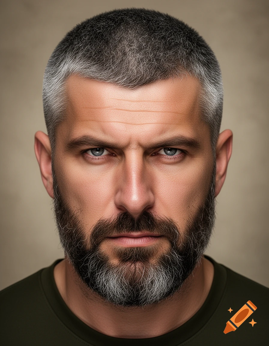 Close-up photorealistic portrait of a serious man with salt-and-pepper short hair and a dense beard.