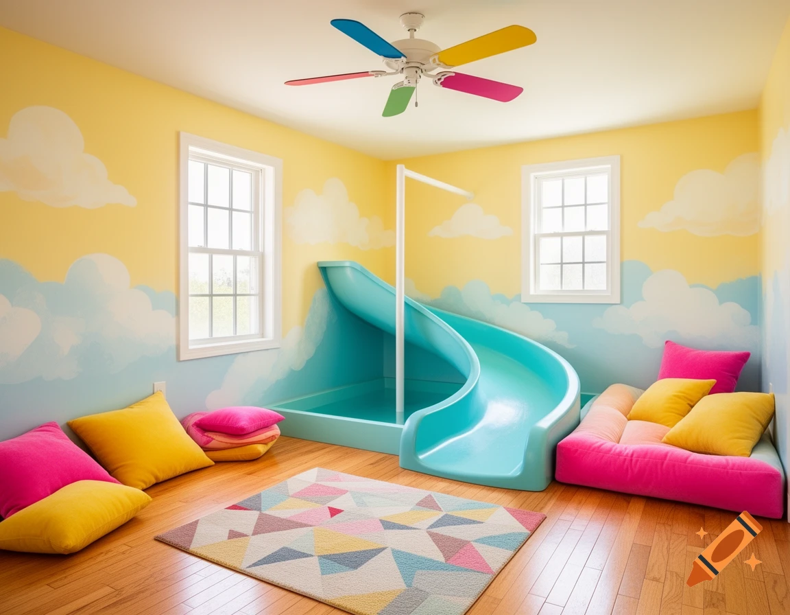 A vibrant child's room with cloud-painted walls, a blue indoor slide into a pool, colorful cushions, and a geometric rug.