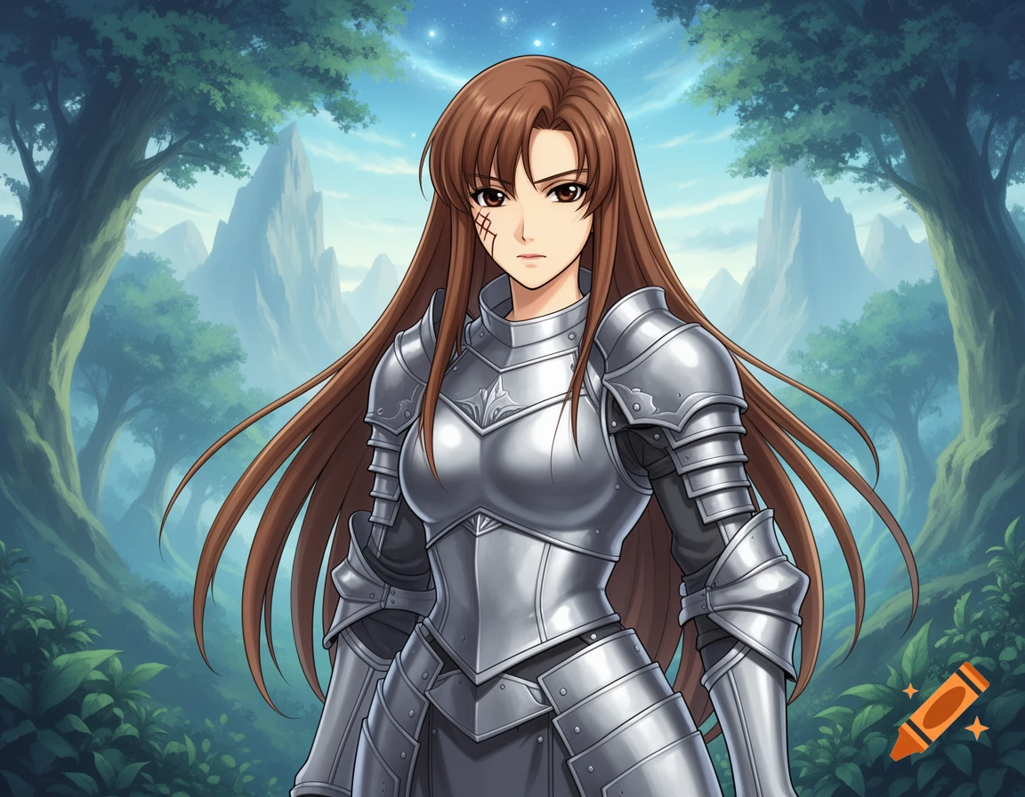 Anime-style female knight with long brown hair, a scar, and shining silver armor in a fantasy forest.