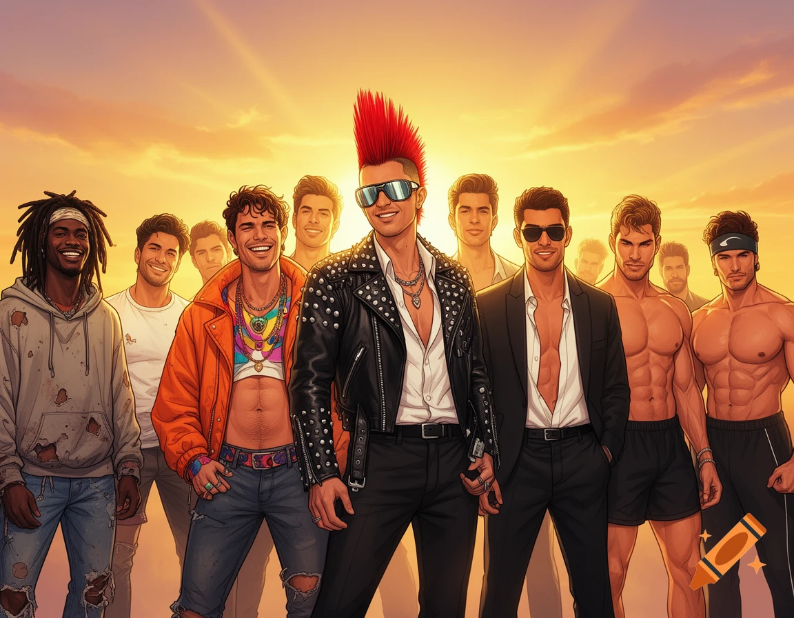 A diverse group of stylish men, including a punk rocker with a red mohawk, pose confidently against a golden sunset sky in an illustration.