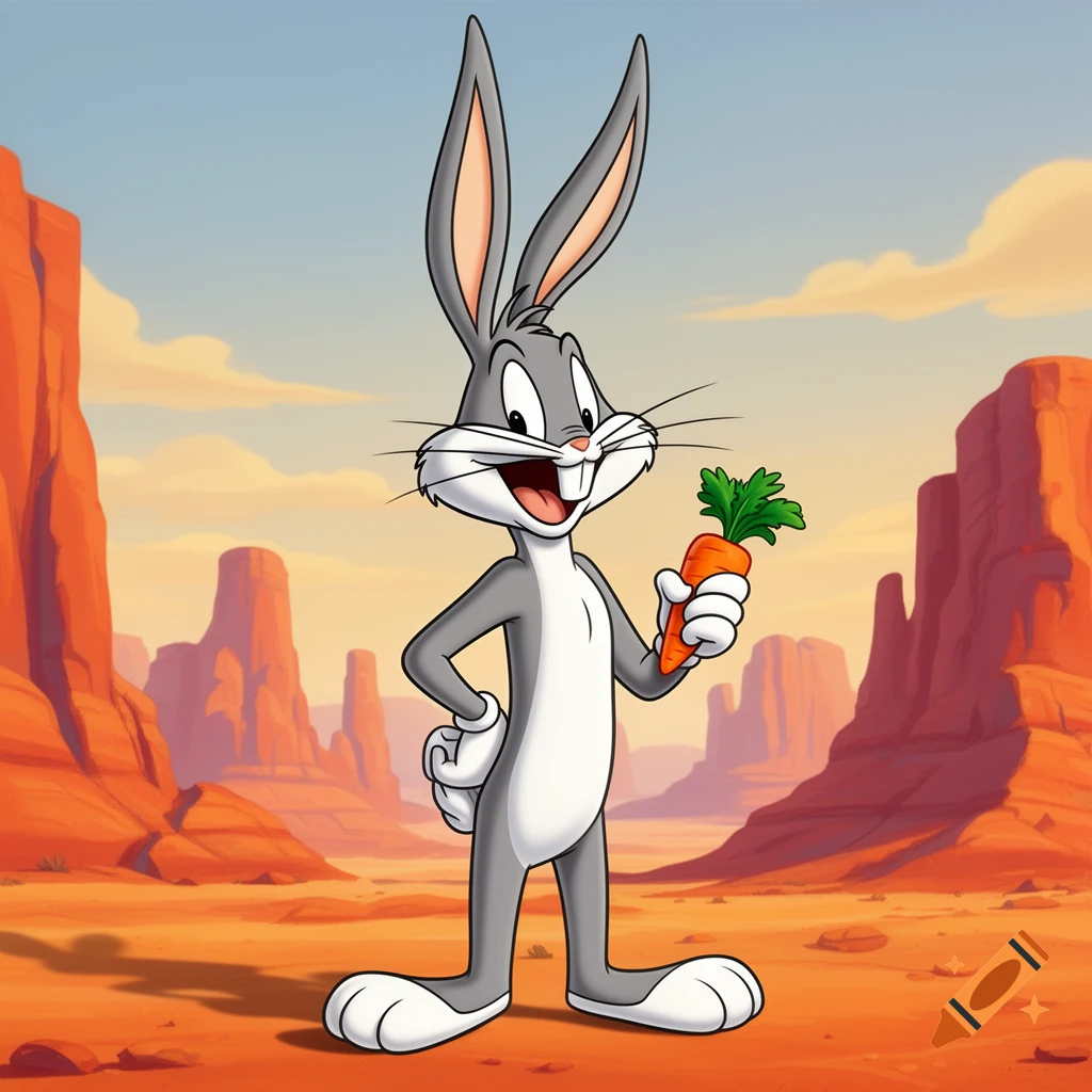 Bugs Bunny stands in a stylized desert, holding a carrot and smiling.