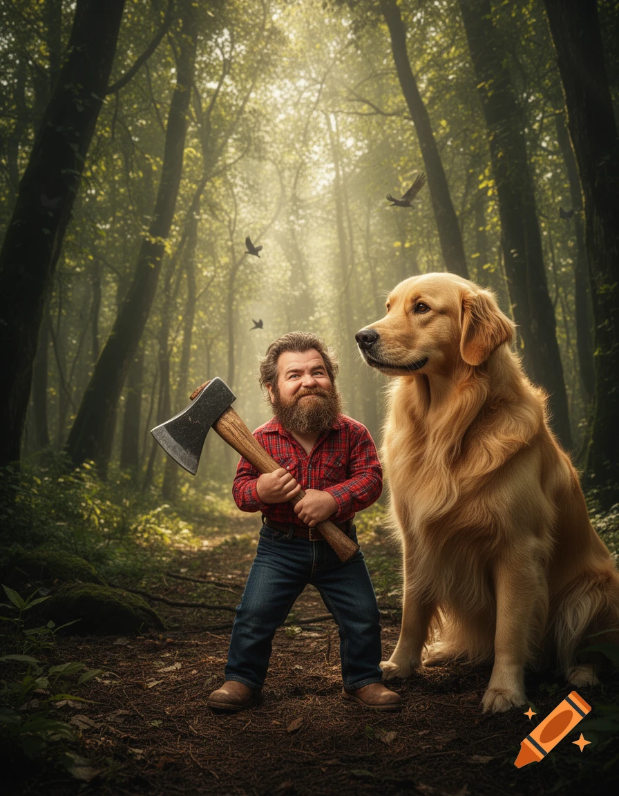 A short, bearded man in a plaid shirt holds an axe next to a large golden retriever in a sunlit forest.