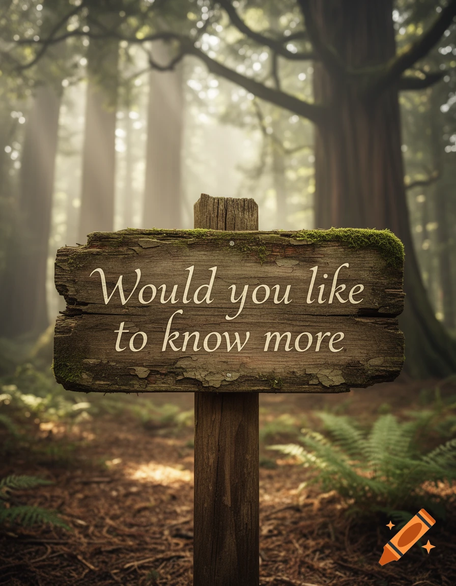 A rustic wooden sign covered in moss stands in a misty forest, reading 'Would you like to know more'.