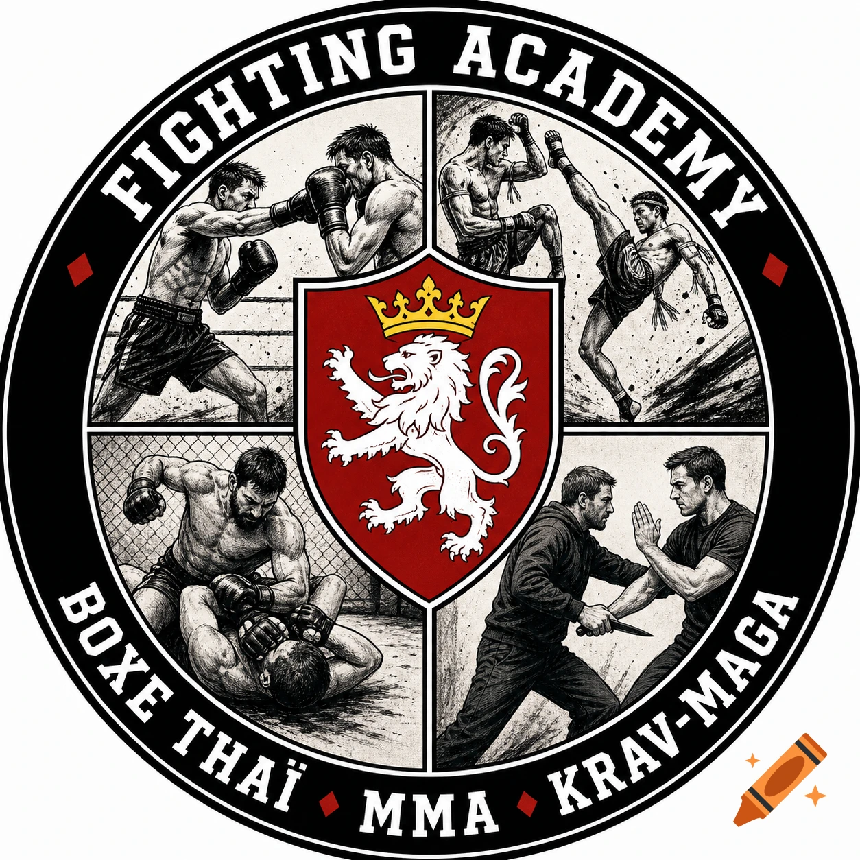 A round logo for a fighting academy, featuring stylized black and white illustrations of boxing, Muay Thai, MMA, and Krav Maga around a red crest with a white crowned lion.