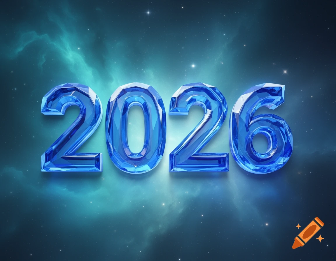 Blue crystal-like numbers '2026' against a dark blue cosmic nebula background with stars.