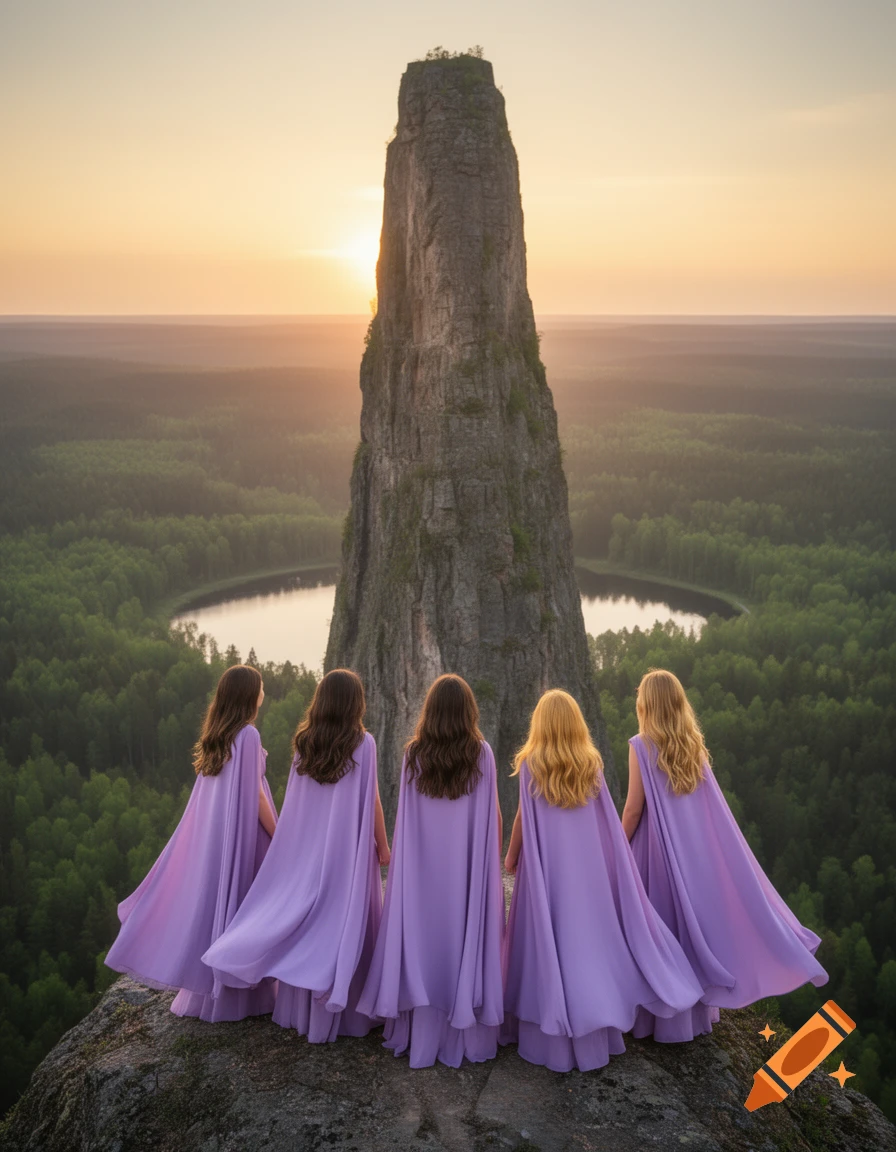 Five women in long purple capes stand on a mountain cliff, backs to the viewer, overlooking a vast forest, lake, and a tall rock formation at sunset.