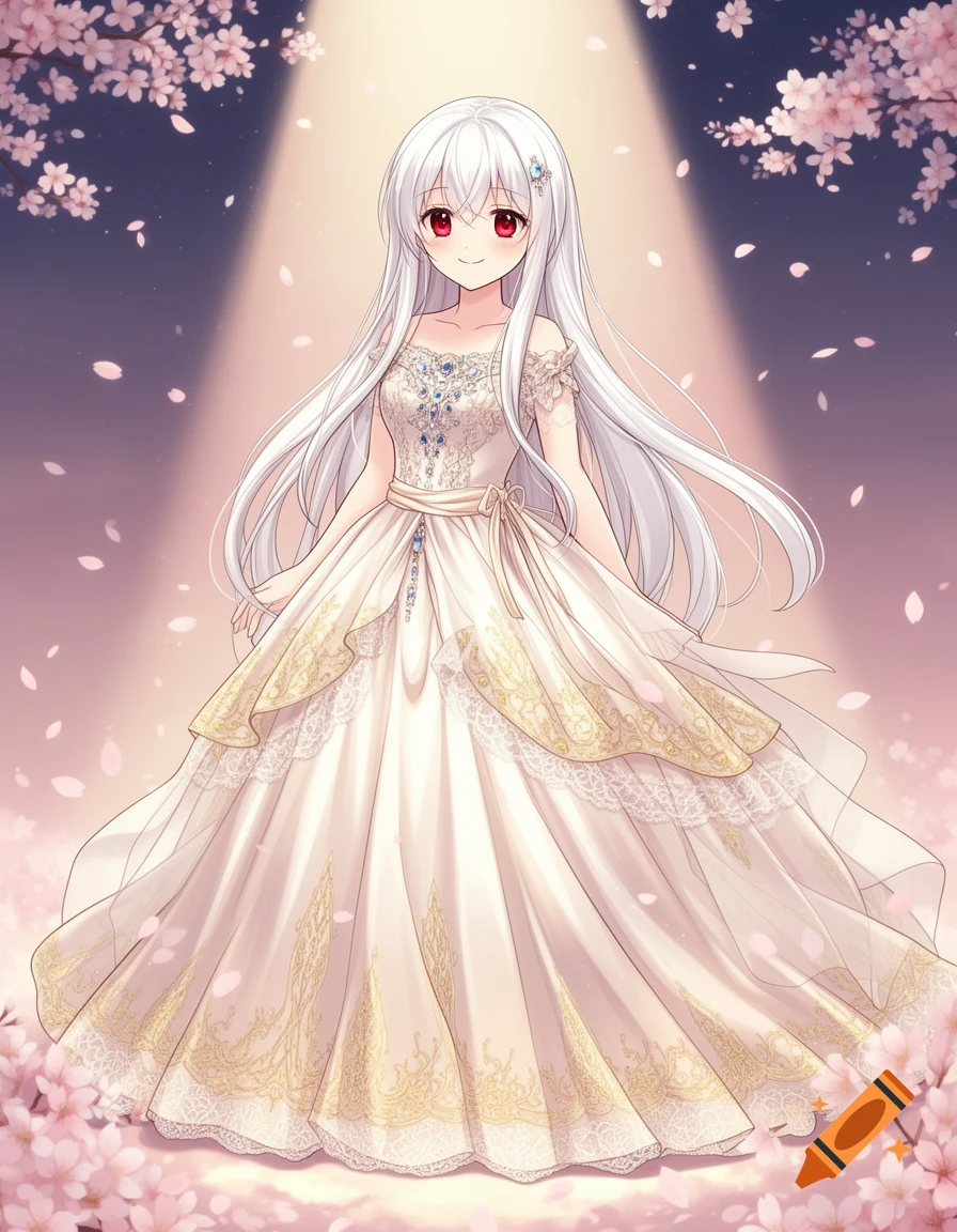 An anime girl with long white hair and red eyes, wearing an elegant white and gold dress, stands under falling cherry blossoms.