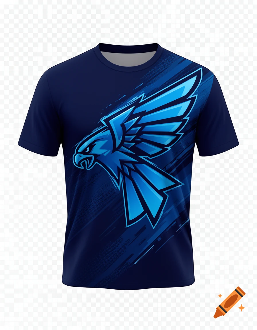 Dark blue t-shirt featuring a stylized blue falcon design with geometric wings and speed lines, on a transparent background.