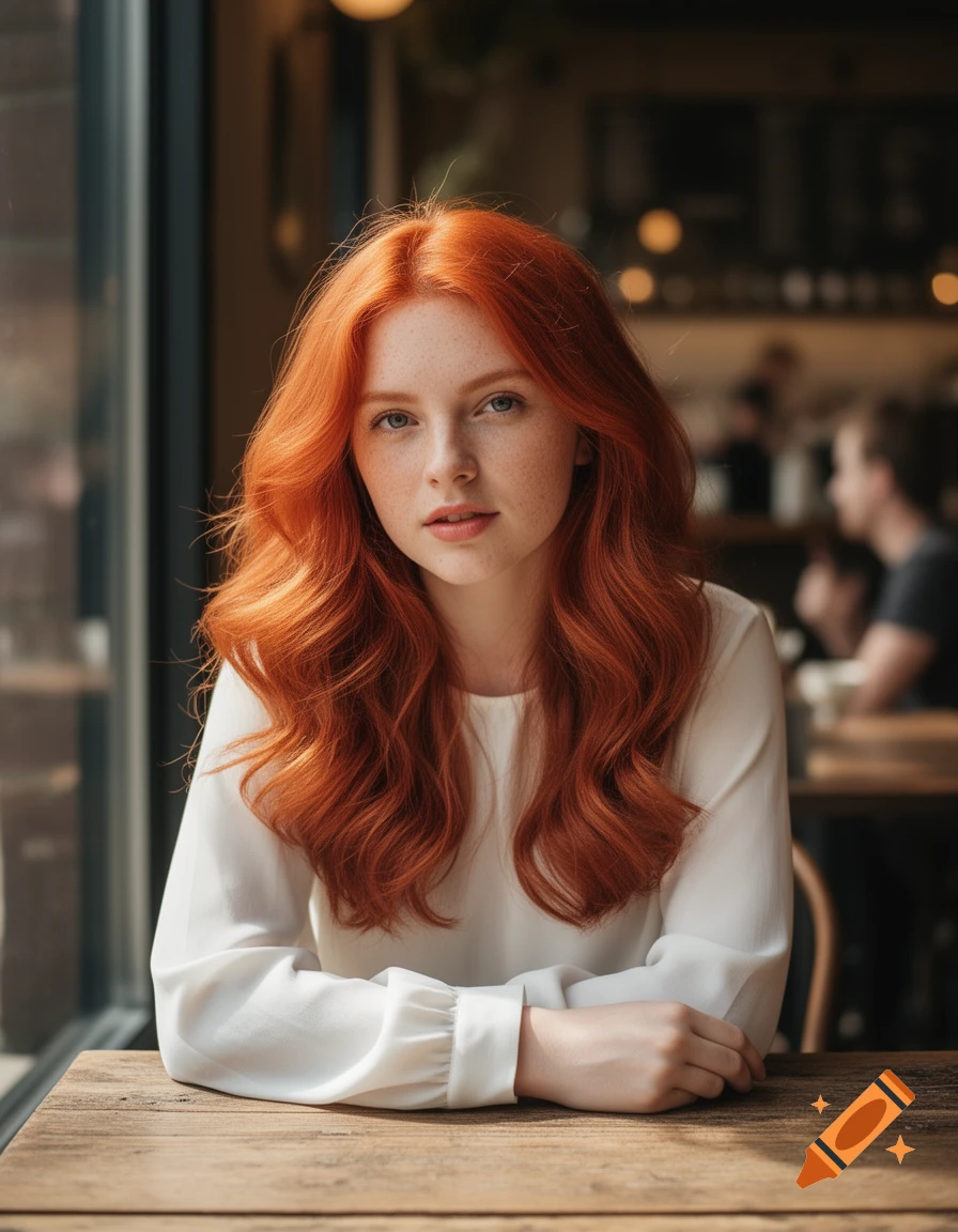 Photorealistic portrait of a young woman with long, wavy red hair and freckles, wearing a white shirt, seated at a wooden table in a cafe.