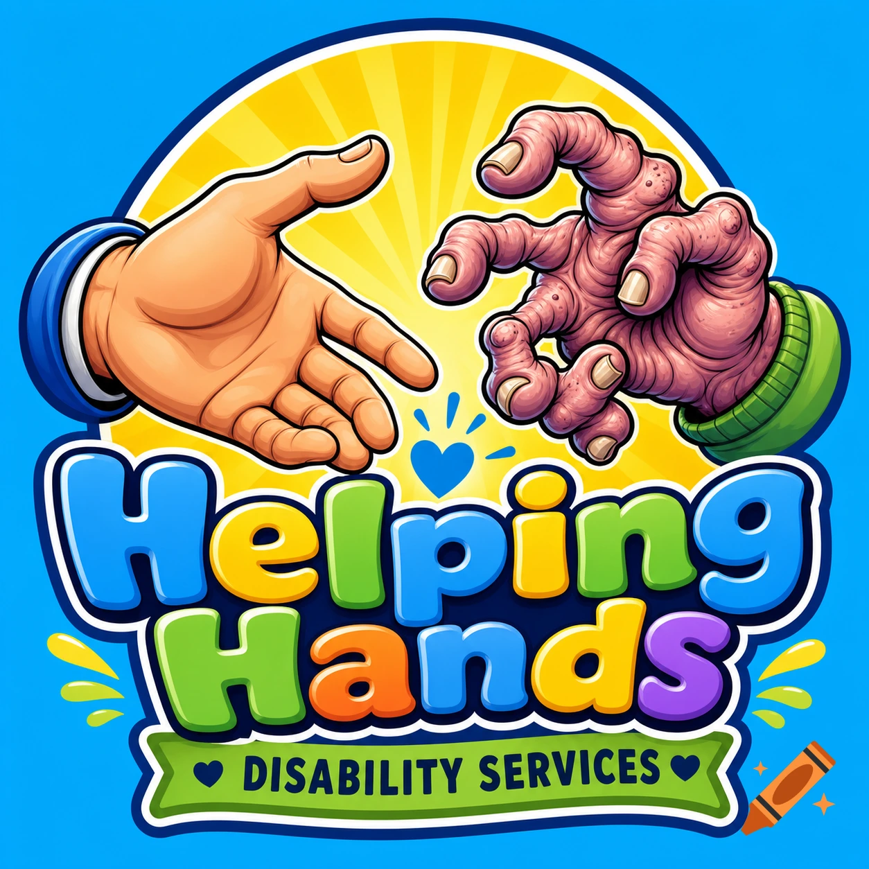 A cartoon logo features an able hand reaching towards a gnarled, distorted hand, with text 'Helping Hands Disability Services'.