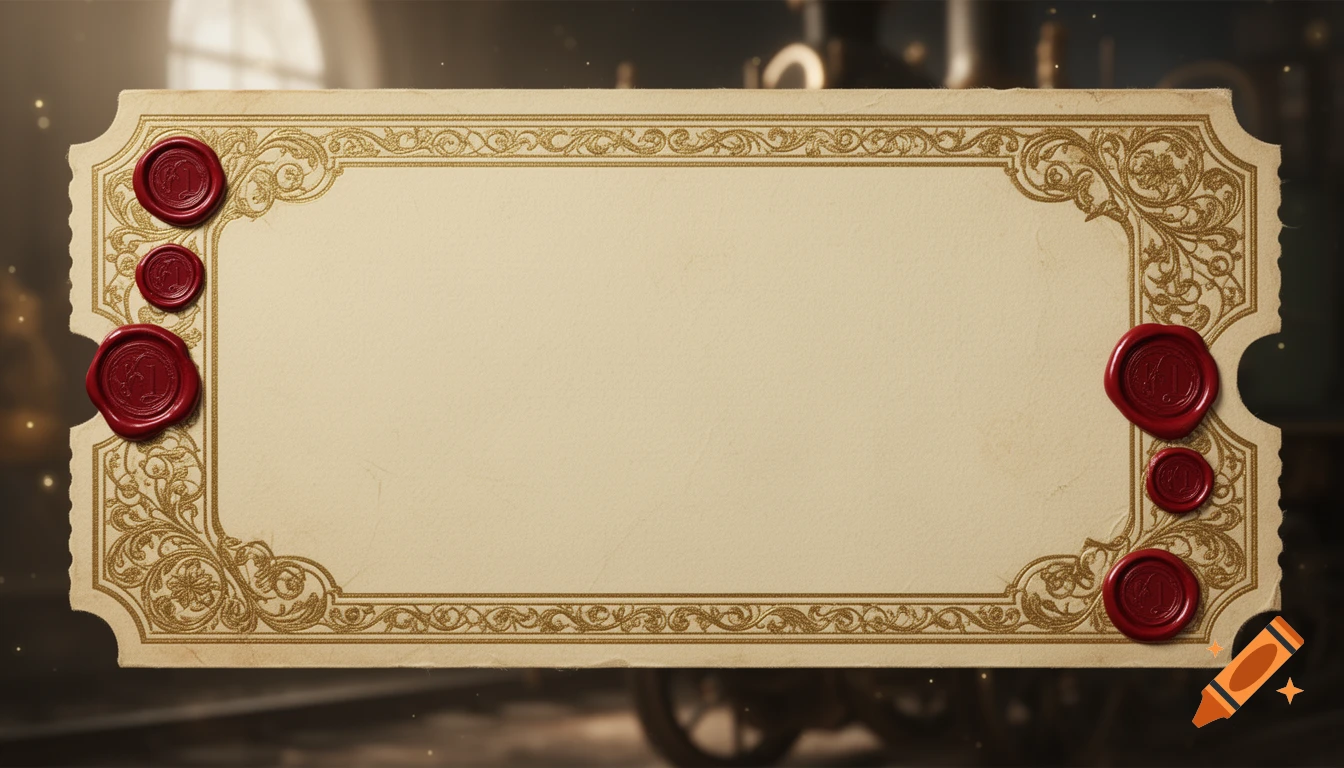 Vintage cream parchment ticket with ornate gold borders and red wax seals on a blurred background.