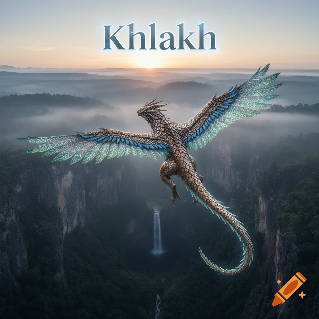A majestic feathered dragon with blue-green wings soars over a misty mountain range and a tall waterfall at sunset, with the word 'Khlakh' glowing at the top.