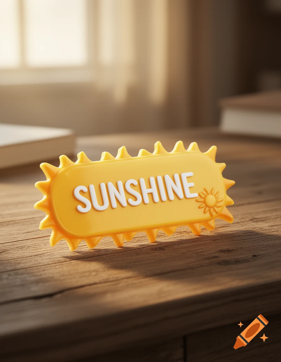 A yellow sun-shaped name tag with the word SUNSHINE on a wooden table, bathed in sunlight from a window.