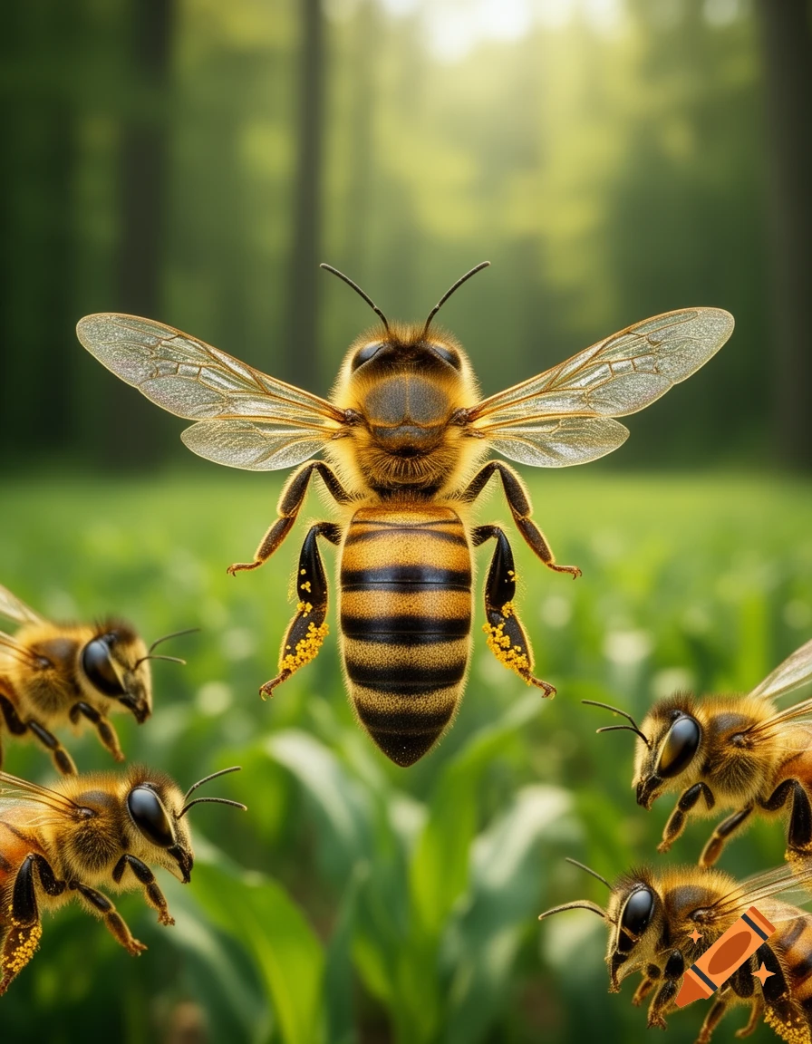 A close-up, photorealistic image of a queen honey bee surrounded by several other bees in a blurred green forest.
