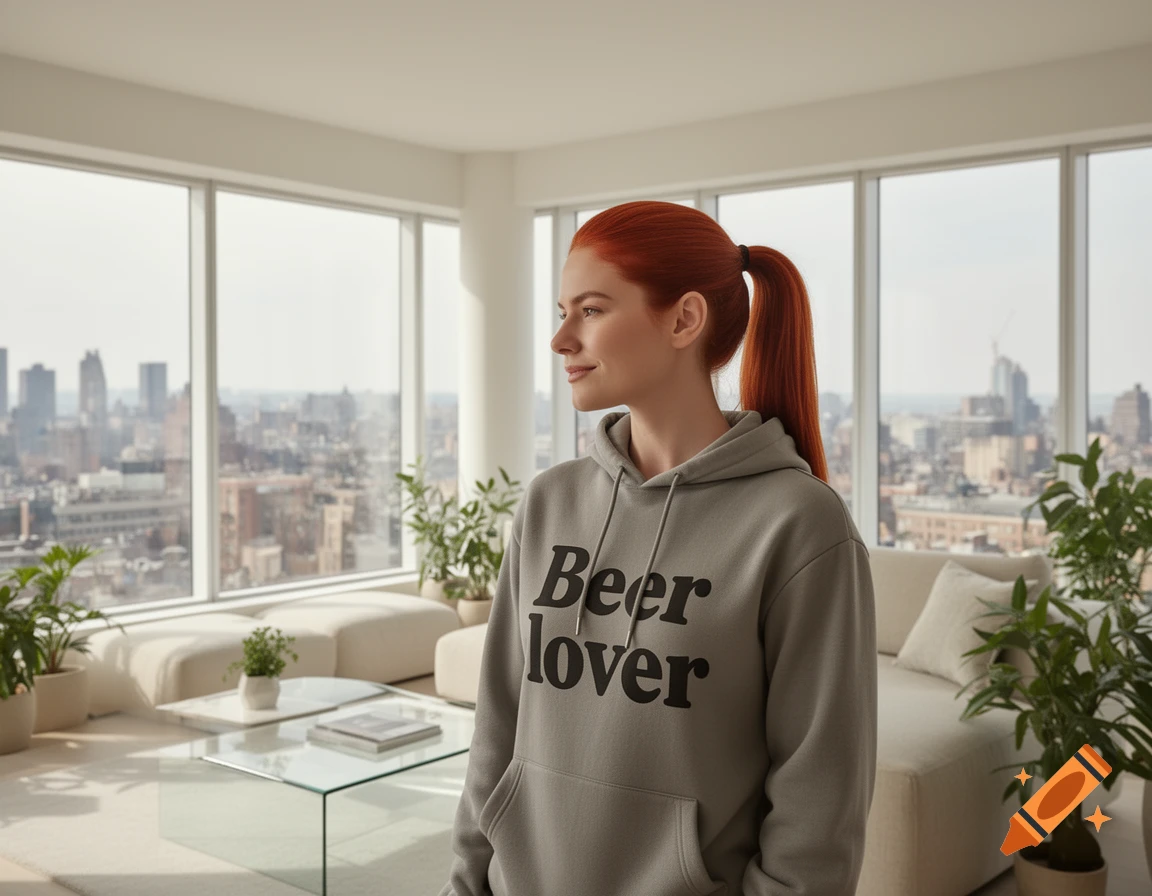 A woman with red hair in a ponytail wearing a 'Beer lover' hoodie, looking out over a city skyline from a modern apartment.