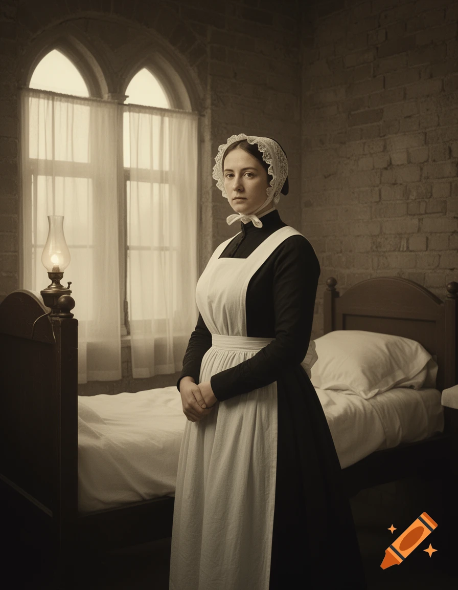 A young woman in a black dress, white apron, and lace bonnet stands in a sepia-toned room with a bed and arched window.
