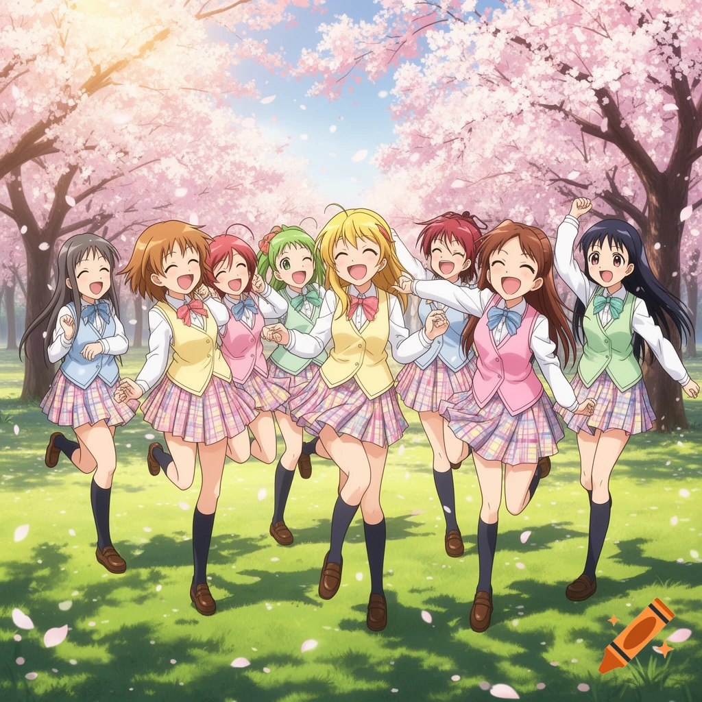 Group of smiling anime schoolgirls running happily in a cherry blossom park.