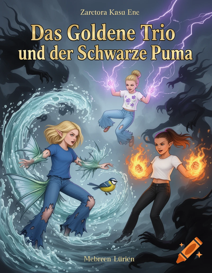 Illustrated fantasy book cover showing three girls with elemental powers fighting shadow monsters, with a small bird flying in the center.