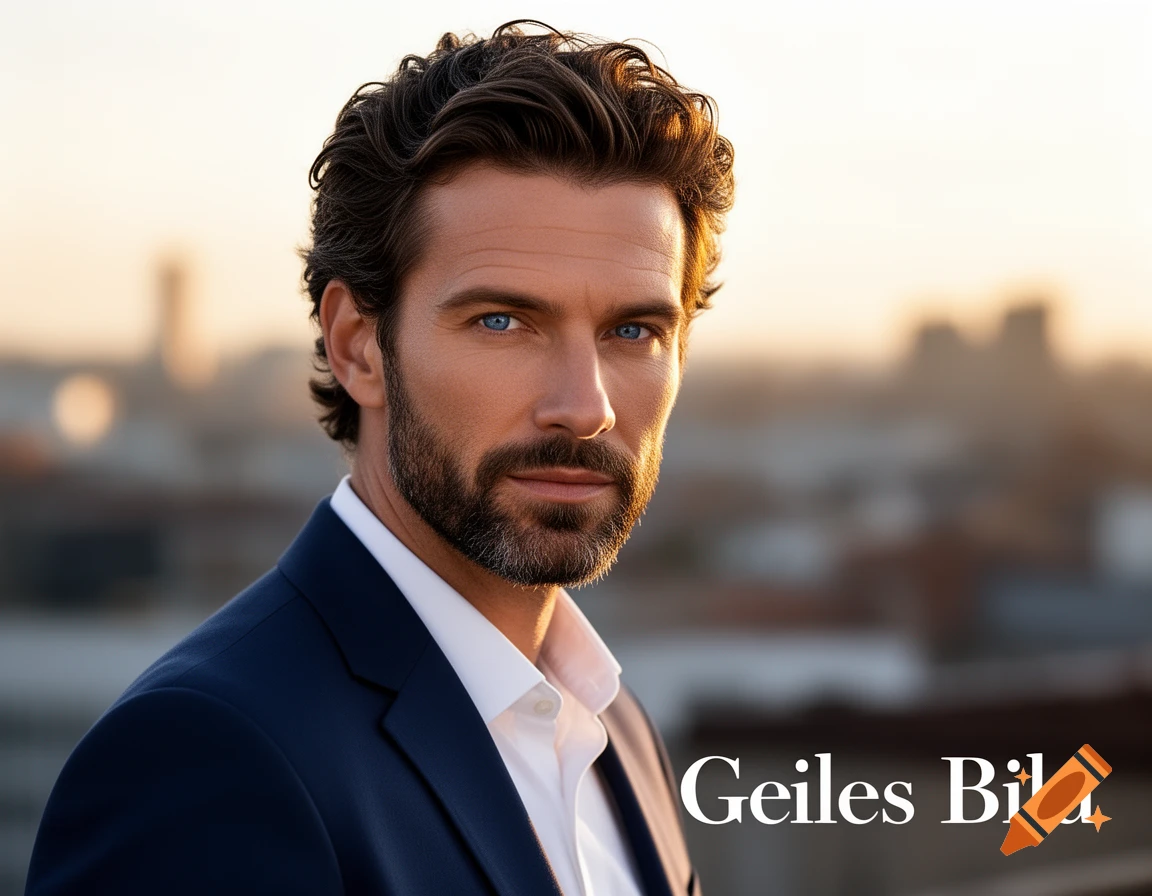 A handsome man with blue eyes and a beard, wearing a dark blue suit and white shirt, looking directly at the viewer with an urban sunset background.