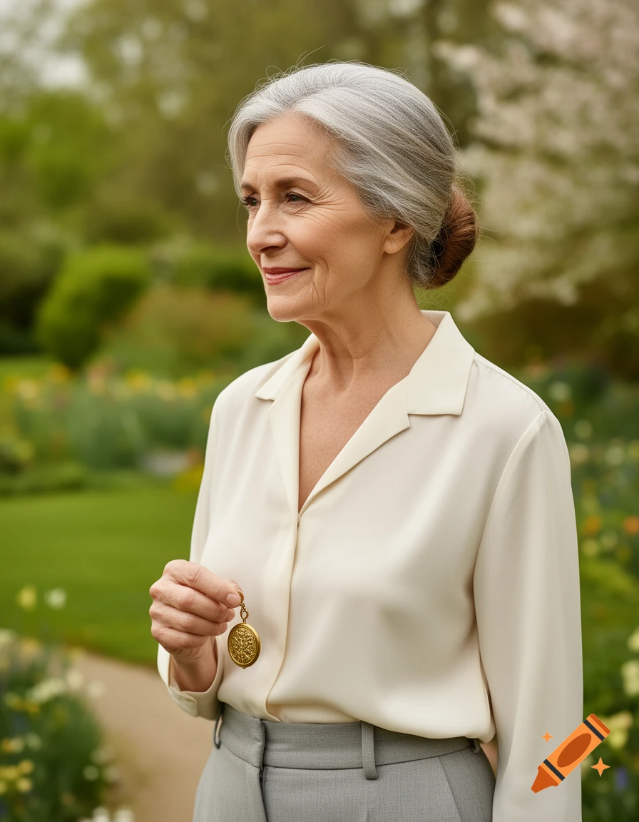 Smiling older woman with grey hair holding a gold locket in a lush garden, photorealistic.