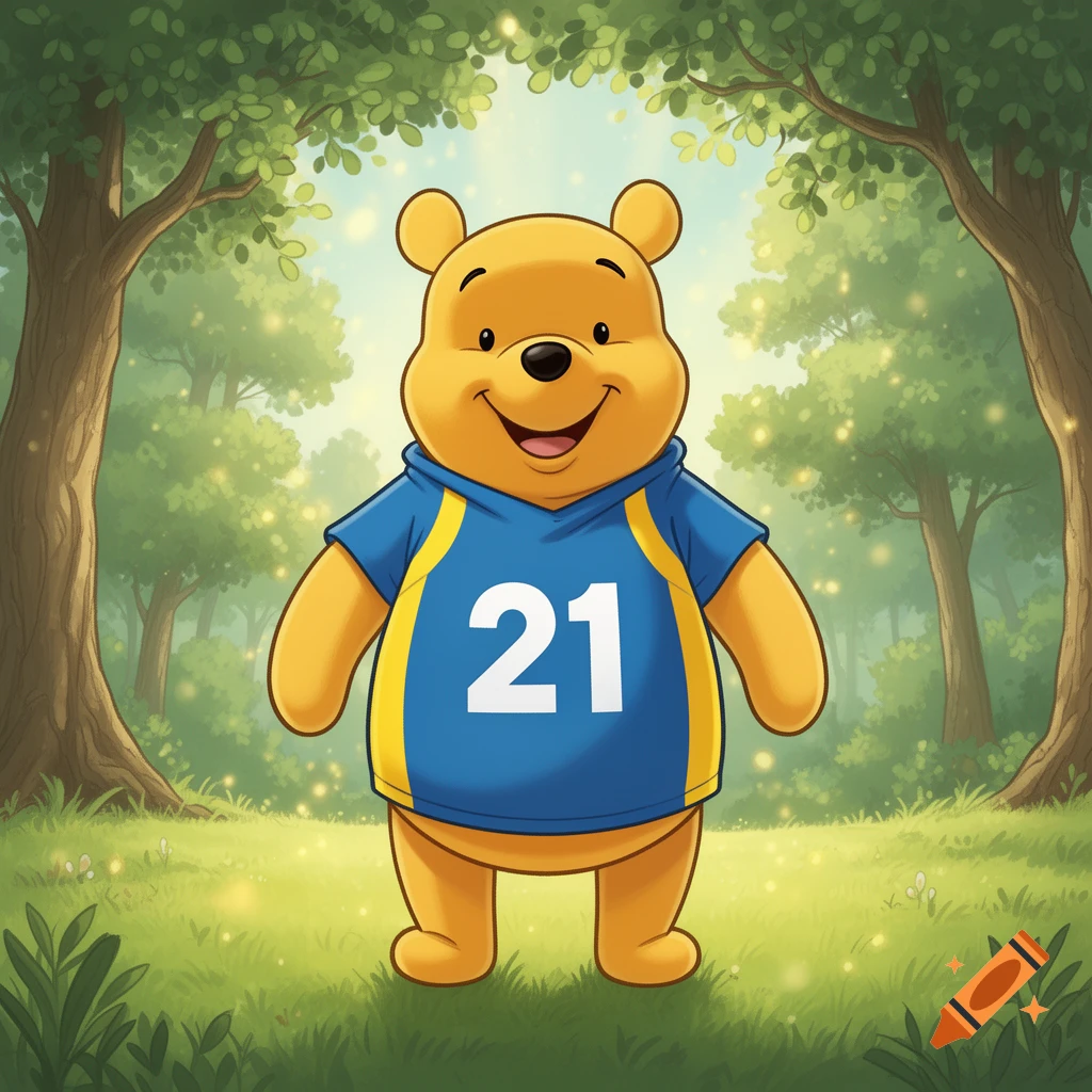 Winnie the Pooh wearing a blue and yellow sports jersey with the number 21, standing in a bright, lush forest.