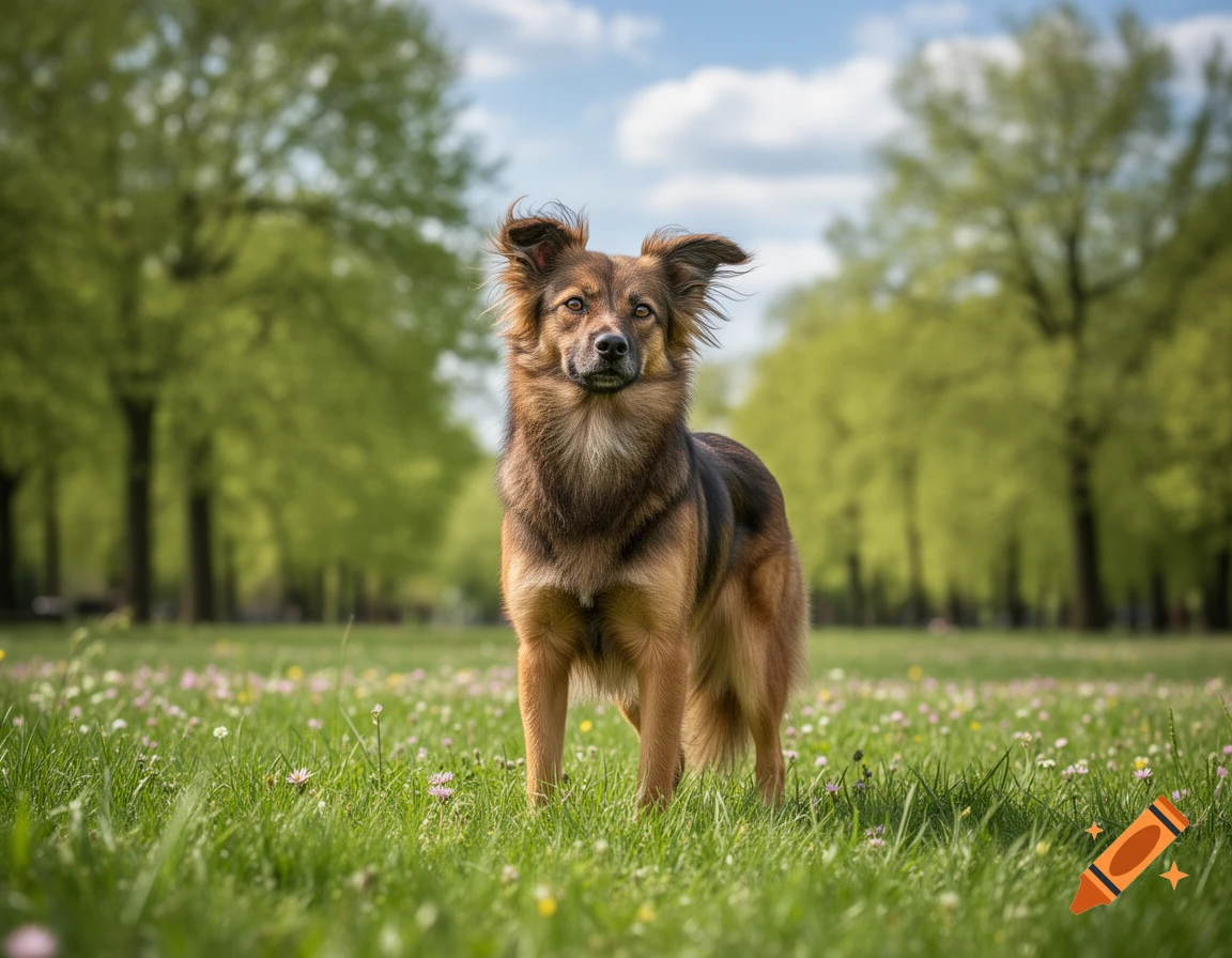 A brown and black dog stands in a grassy field with trees and a blue sky in the background, photorealistic.