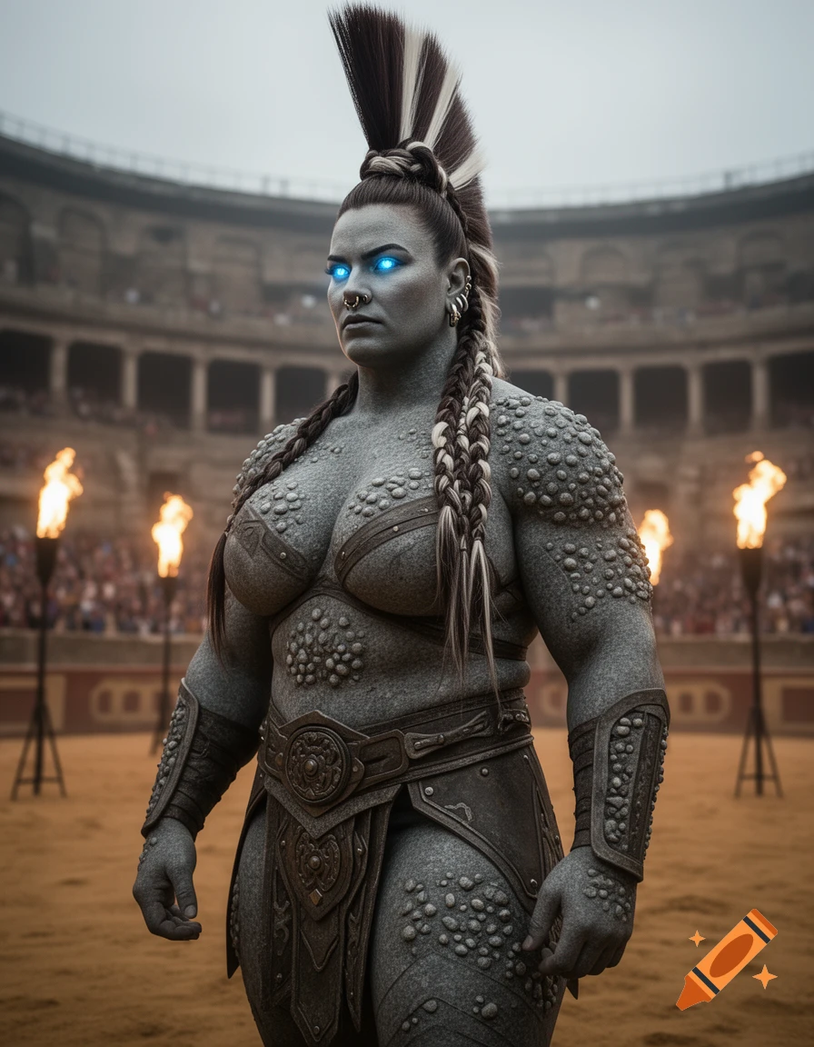 A muscular female gladiator with stone-like gray skin, a tall mohawk, glowing blue eyes, and ancient armor stands in a torch-lit arena.