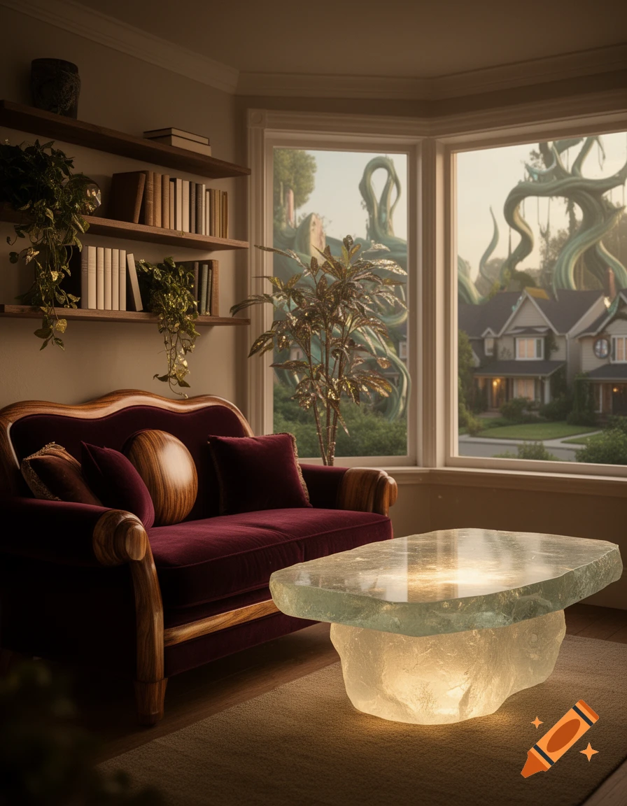 A cozy living room with a red velvet couch, glowing crystal coffee table, and bookshelves, with giant tentacle-like vines visible through bay windows.