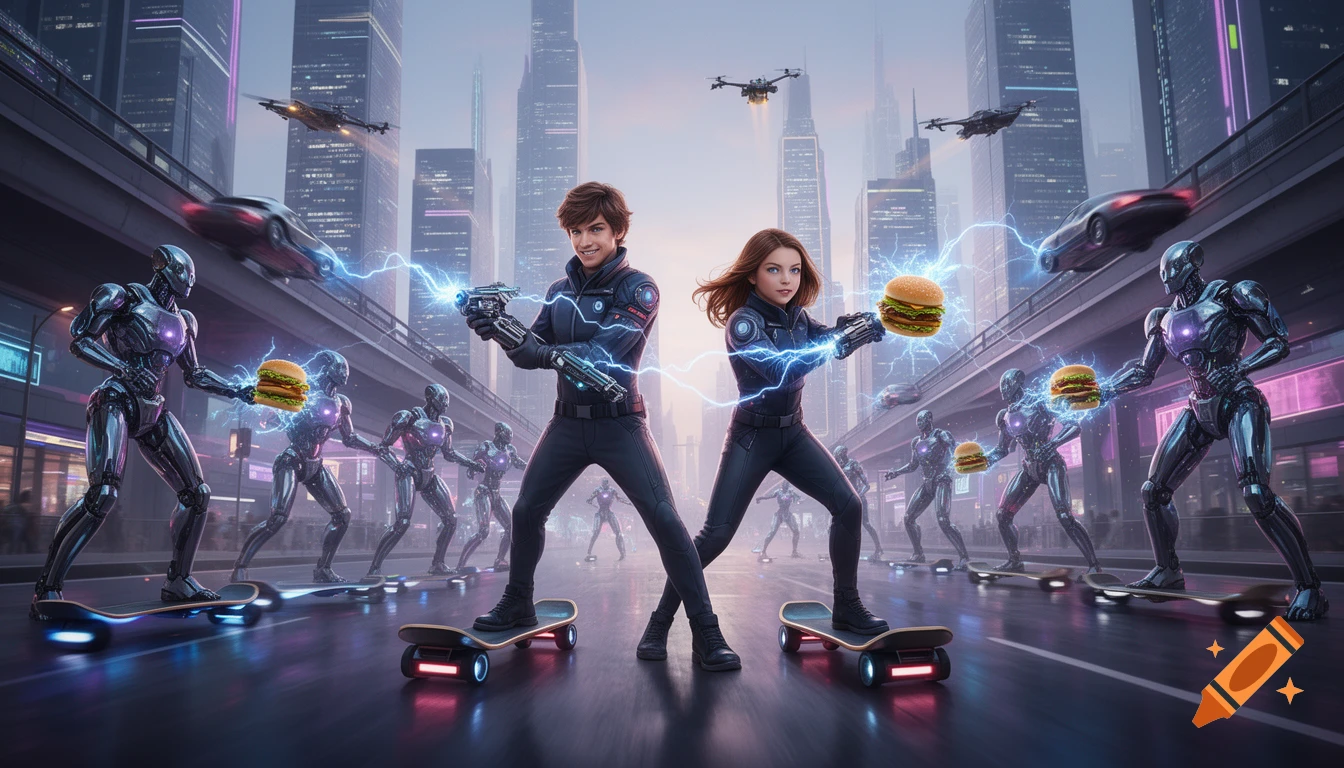 Two young heroes with energy tasers battle robots carrying glowing burgers on hoverboards in a futuristic city with flying cars.
