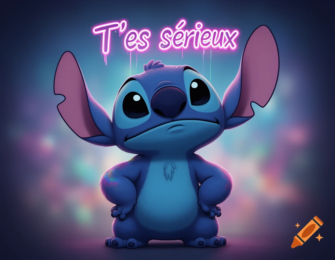 Blue cartoon character Stitch with large ears and a dubious expression, with a pink neon sign reading 'T'es s as asérieux' above his head.