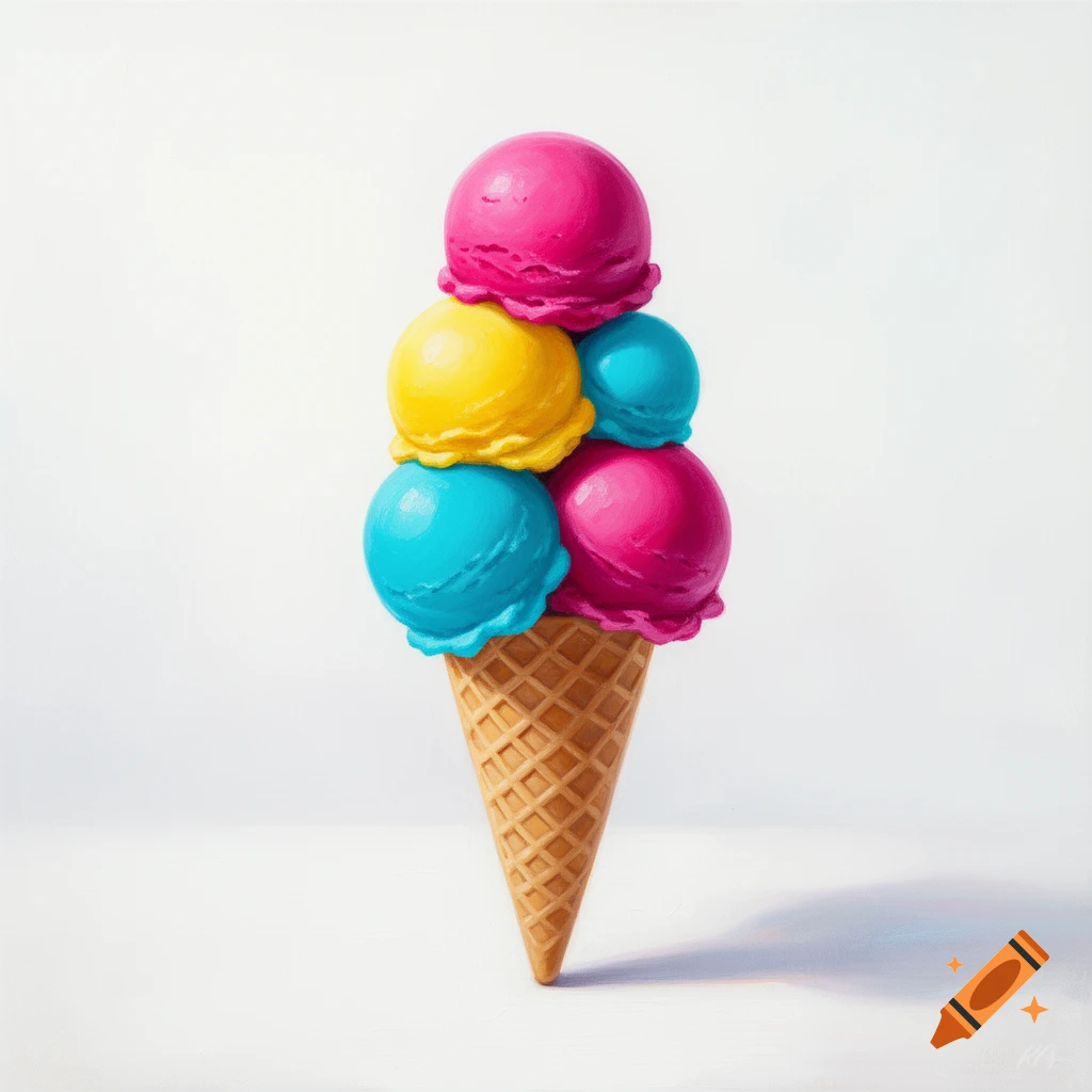 A vibrant ice cream cone with five scoops in pink, yellow, and blue, set against a clean white background.