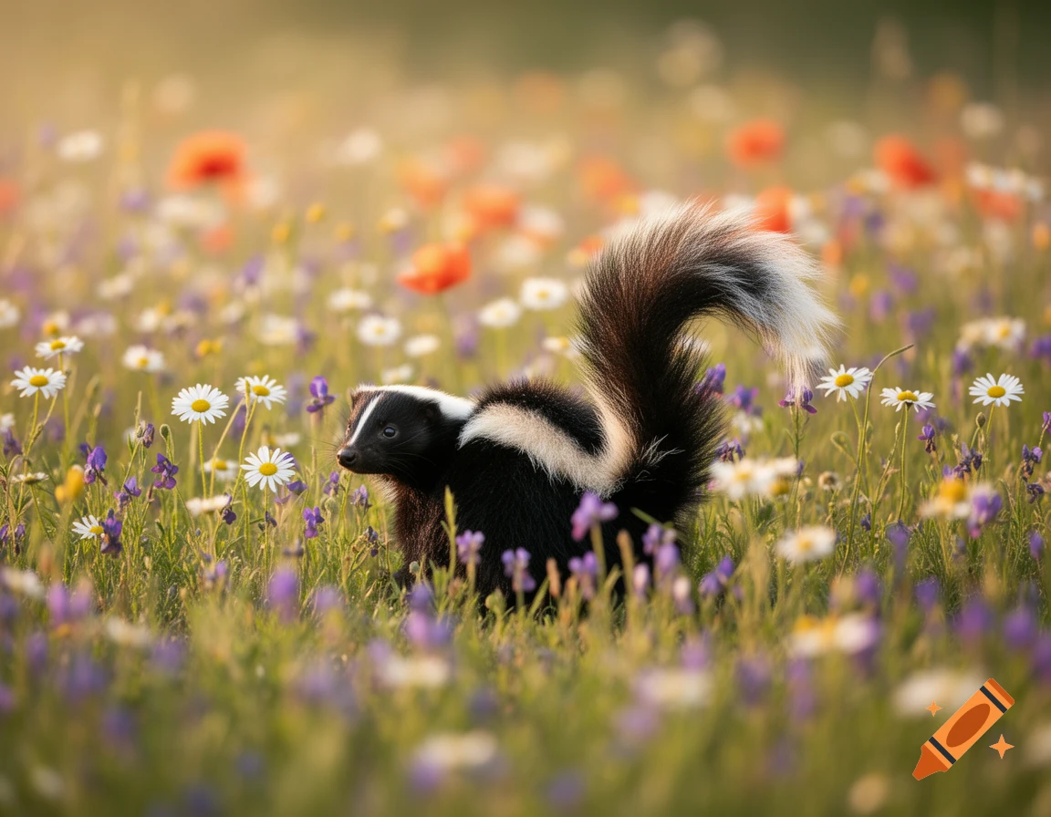 A photorealistic skunk with black and white fur looks behind itself, standing in a vibrant field of white, purple, and red wildflowers.