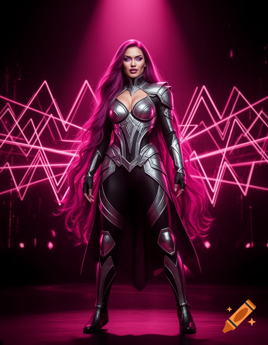 A photorealistic female warrior with long pink hair and silver and black armor stands against a dark background with pink neon lines.
