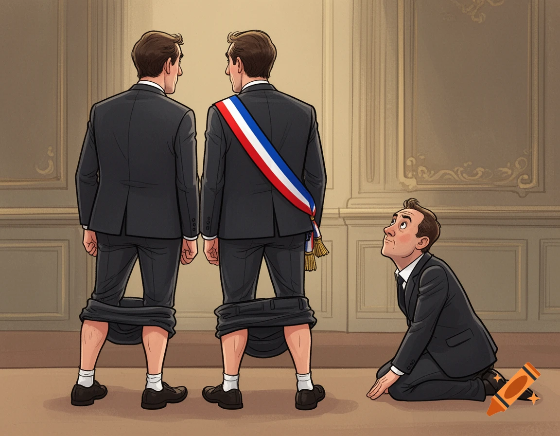 Cartoon of two men in suits with pants down, one wearing a tricolor sash, facing away from a kneeling man looking up at them.