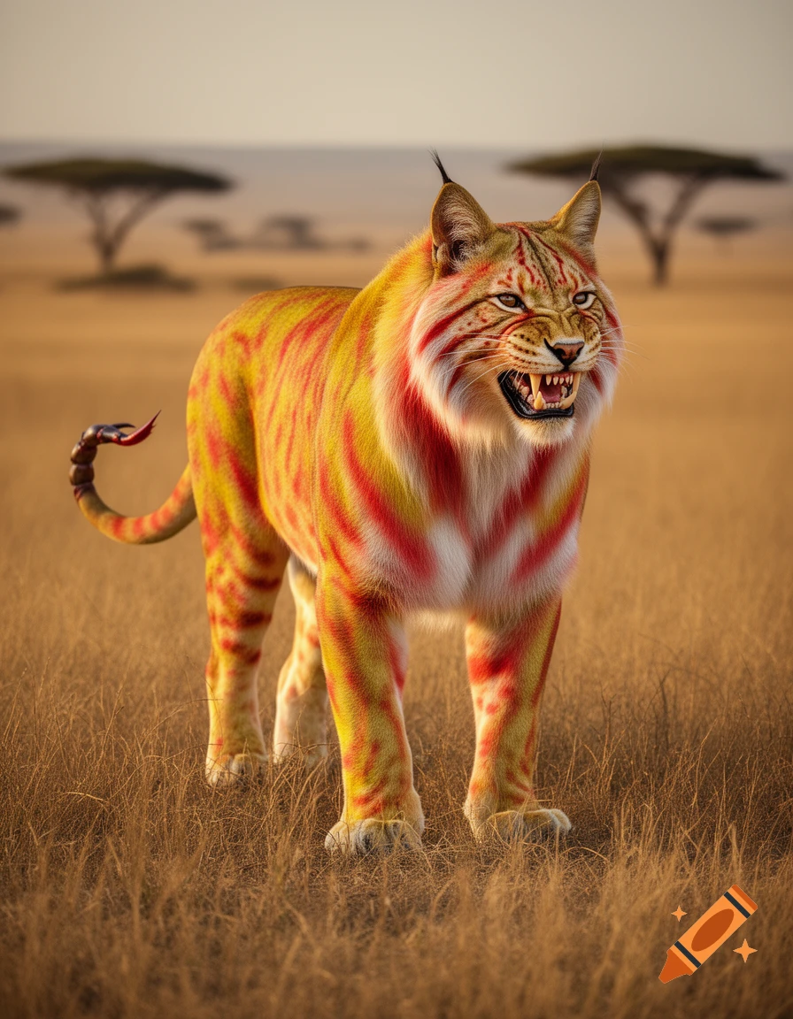 A large, snarling, striped yellow, red, and white fantasy creature with lynx ears and a scorpion tail stands in a dry savanna.